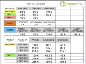 TARIFAS PILATES 2020/21