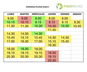 HORARIOS PILATES 2020/21- REFORMER (AMARILLO), SUELO (VERDE) Y AÉREO (ROSA)