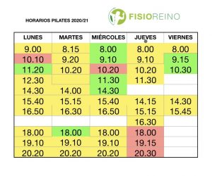 HORARIOS PILATES 2020/21- REFORMER (AMARILLO), SUELO (VERDE) Y AÉREO (ROSA)